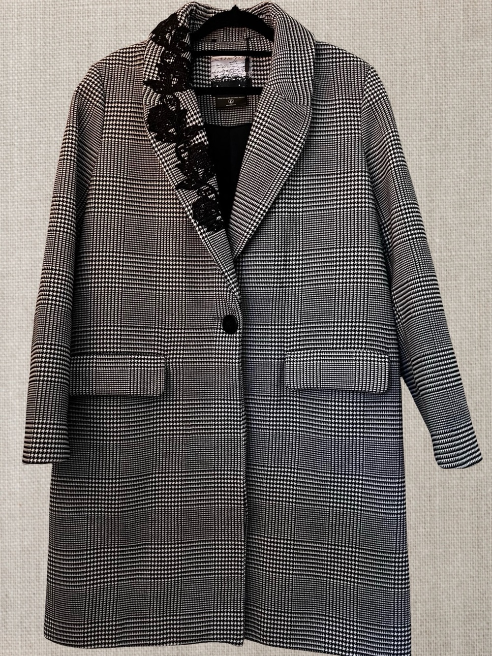 Kensie Glen Plaid Longline Menswear Topper Coat with Embroidered Collar